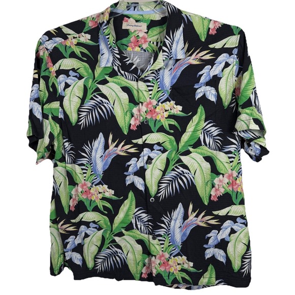 Tommy Bahama Mens XXXL Hawaiian Shirt Black Orchid Leaf Silk Aloha Tropical Palm - Picture 1 of 6